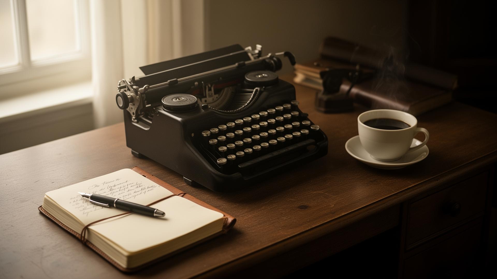 A vintage typewriter and an open notebook on a writing desk in morning light.